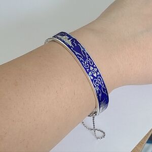 Vintage Sterling Silver Siam Thai Nielloware Blue Enamel Hinged Bangle Bracelet